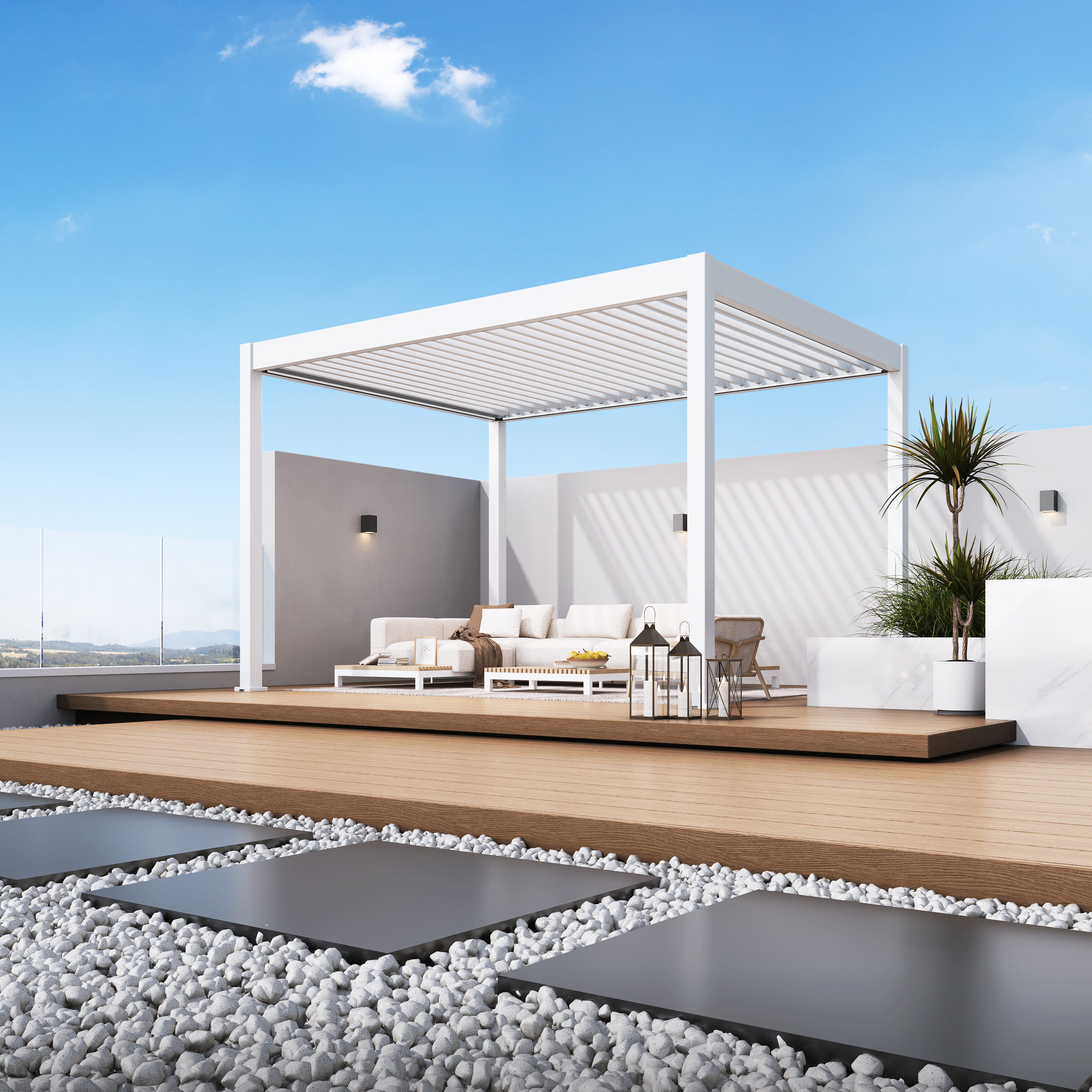 Orion Deluxe overkapping - E-LED - 300x400 cm - Wit - met elektrisch lamellendak en LED 