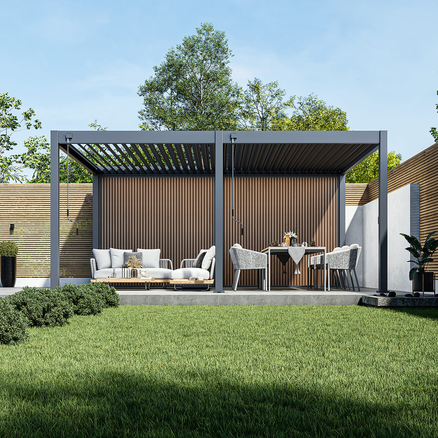 Orion composietwand - 300x236 cm - Voor 3 meter zijkant - Kiezelgrijs/Teak