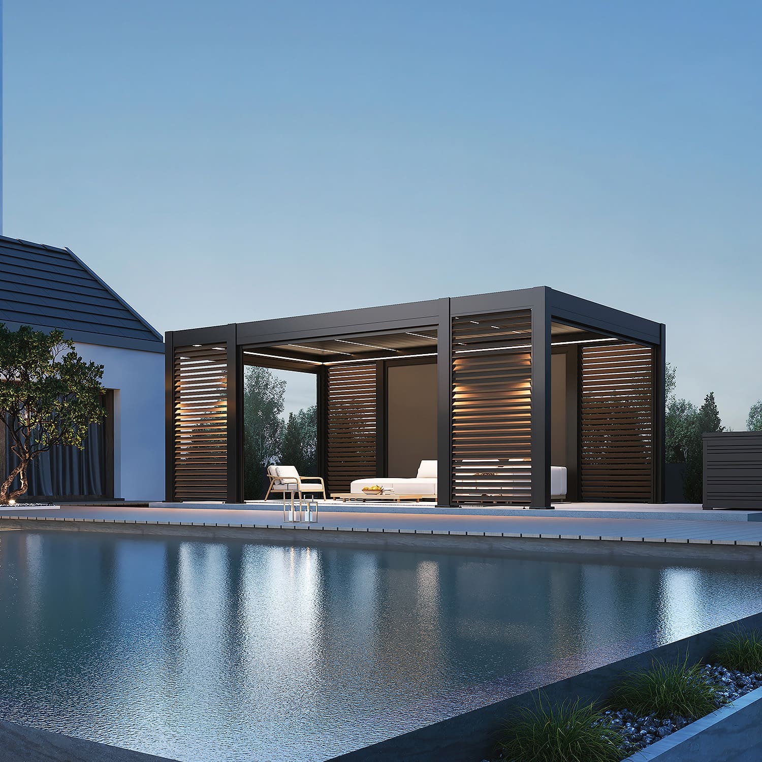 Orion Prestige overkapping E-LED - 360 x 657 - antraciet - inclusief lamellenwanden, zonwering en LED verlichting 