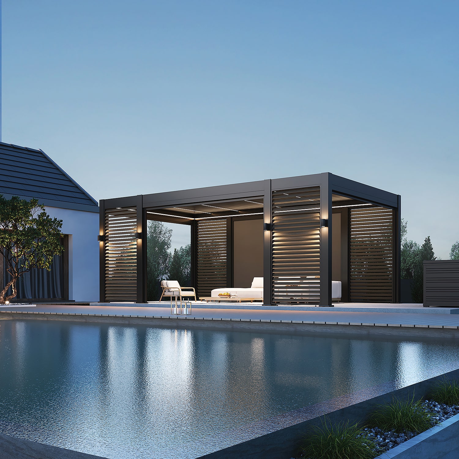 Orion Prestige overkapping - E-LED met elektrisch lamellendak en LED verlichting - 360x657 cm - Antraciet