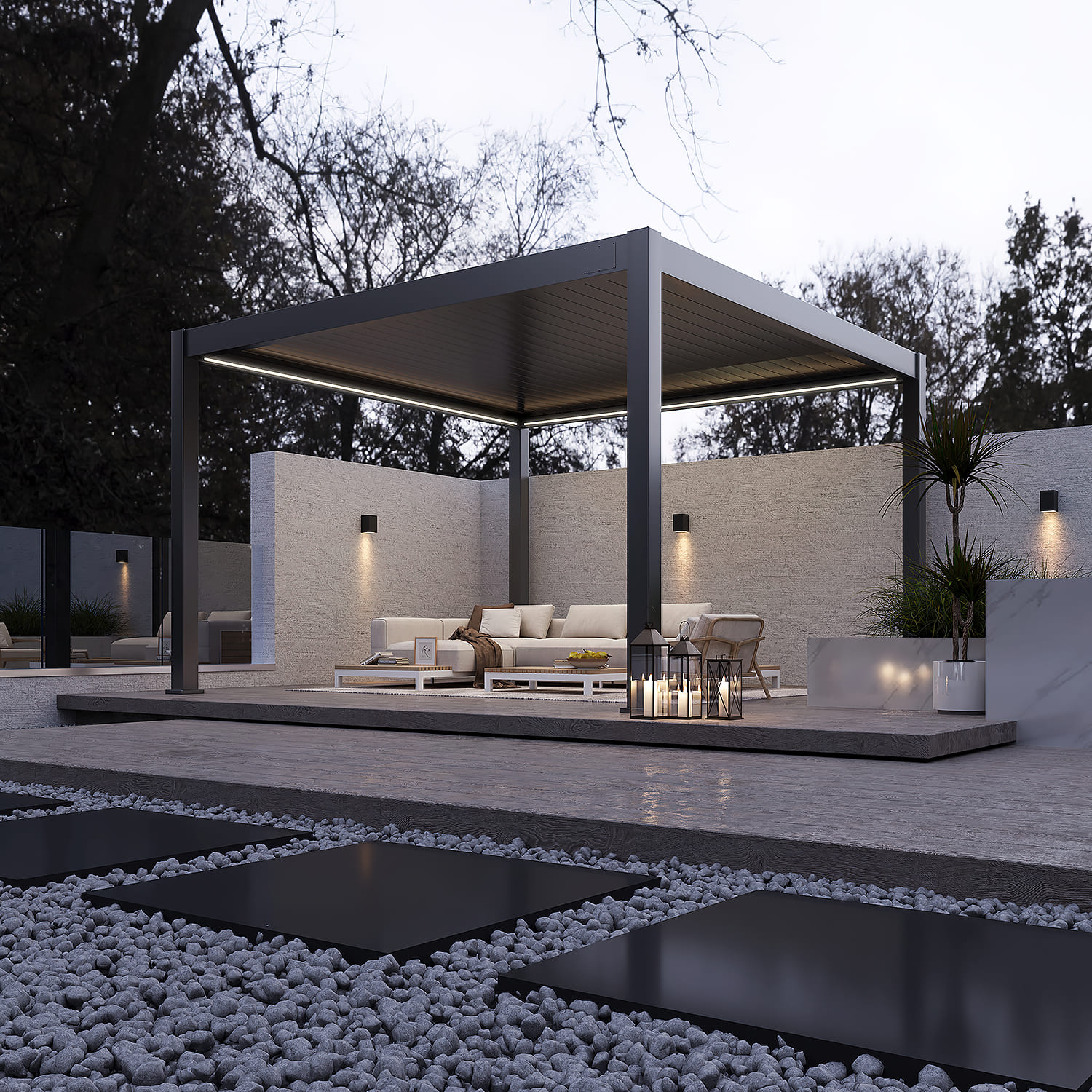 Orion Premium overkapping - E-LED - 400x400 cm - Antraciet - met elektrisch lamellendak en LED