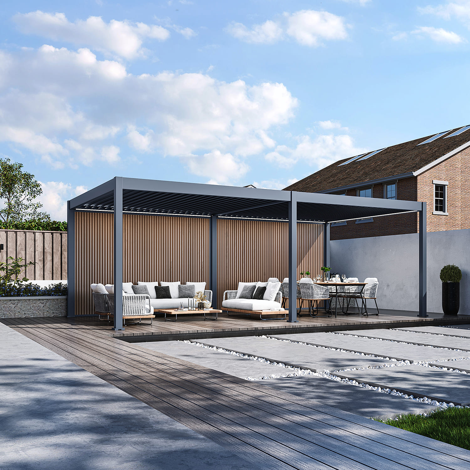 Orion composietwand - 400x236 cm - Voor 4 meter zijkant - Wit/Teak