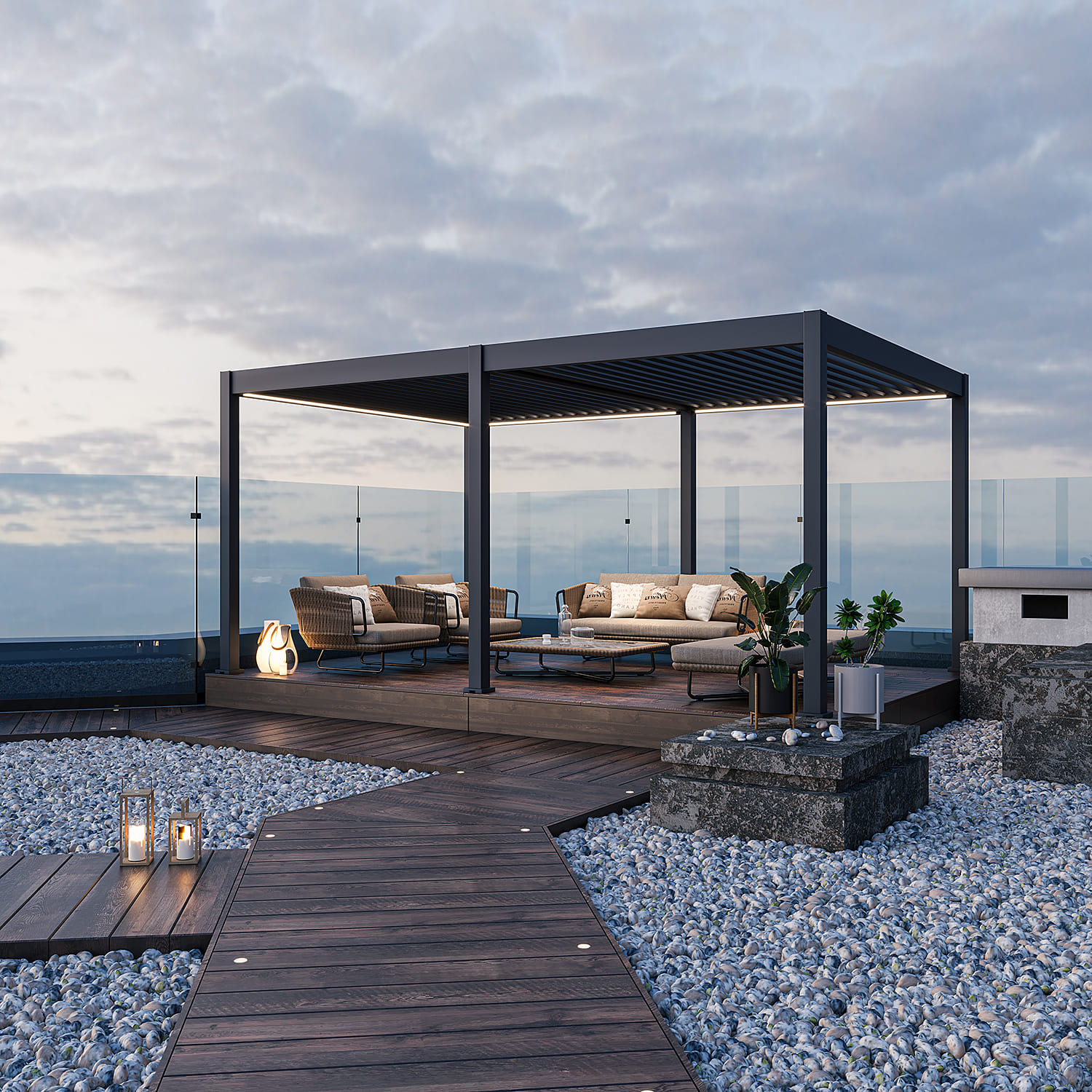 Orion Deluxe overkapping - E-LED - 360x530 cm - Antraciet - met elektrisch lamellendak en LED 