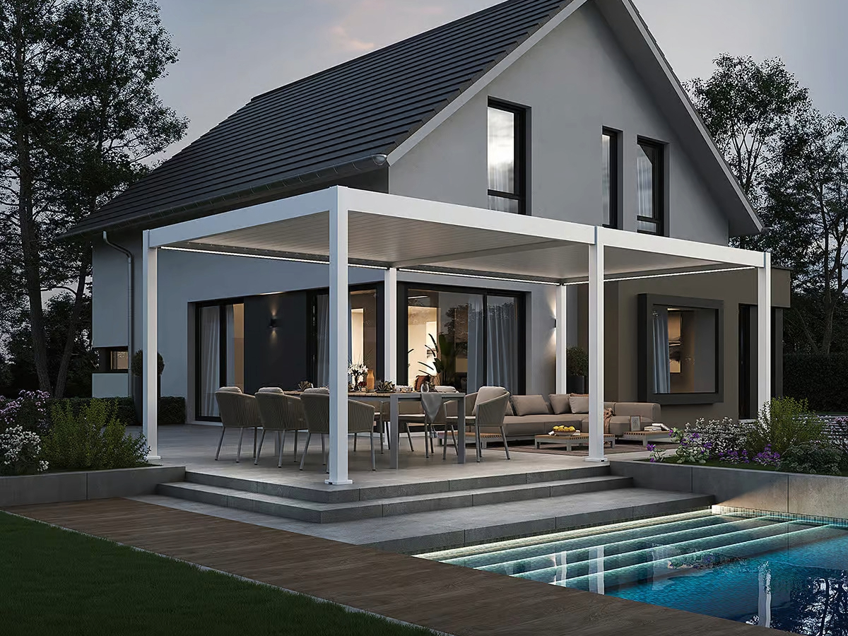 Orion Deluxe overkapping - E-LED - 360x720 cm - Wit - met elektrisch lamellendak en LED 