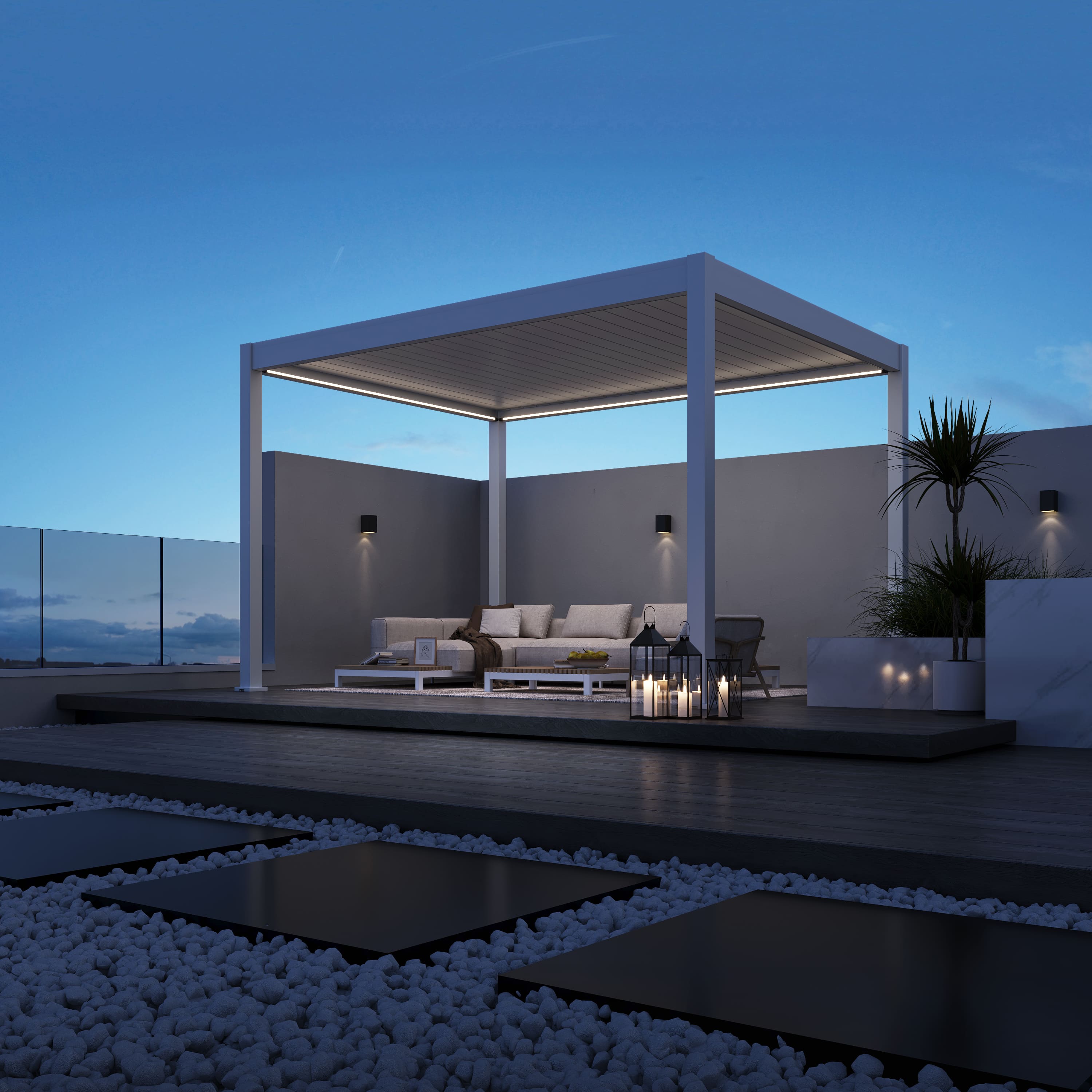 Orion Deluxe overkapping - E-LED - 300x400 cm - Wit - met elektrisch lamellendak en LED 