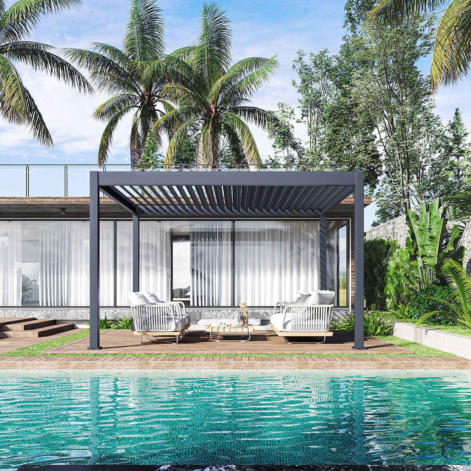 Orion Deluxe overkapping - E-LED - 360x400 cm - Antraciet - met elektrisch lamellendak en LED 