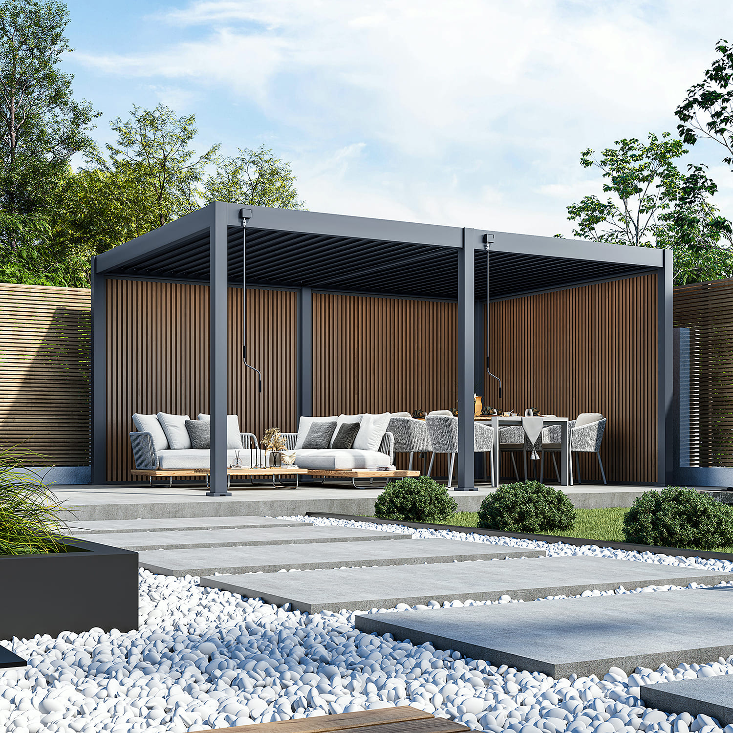 Orion composietwand - 300x236 cm - Voor 3 meter zijkant - Kiezelgrijs/Teak