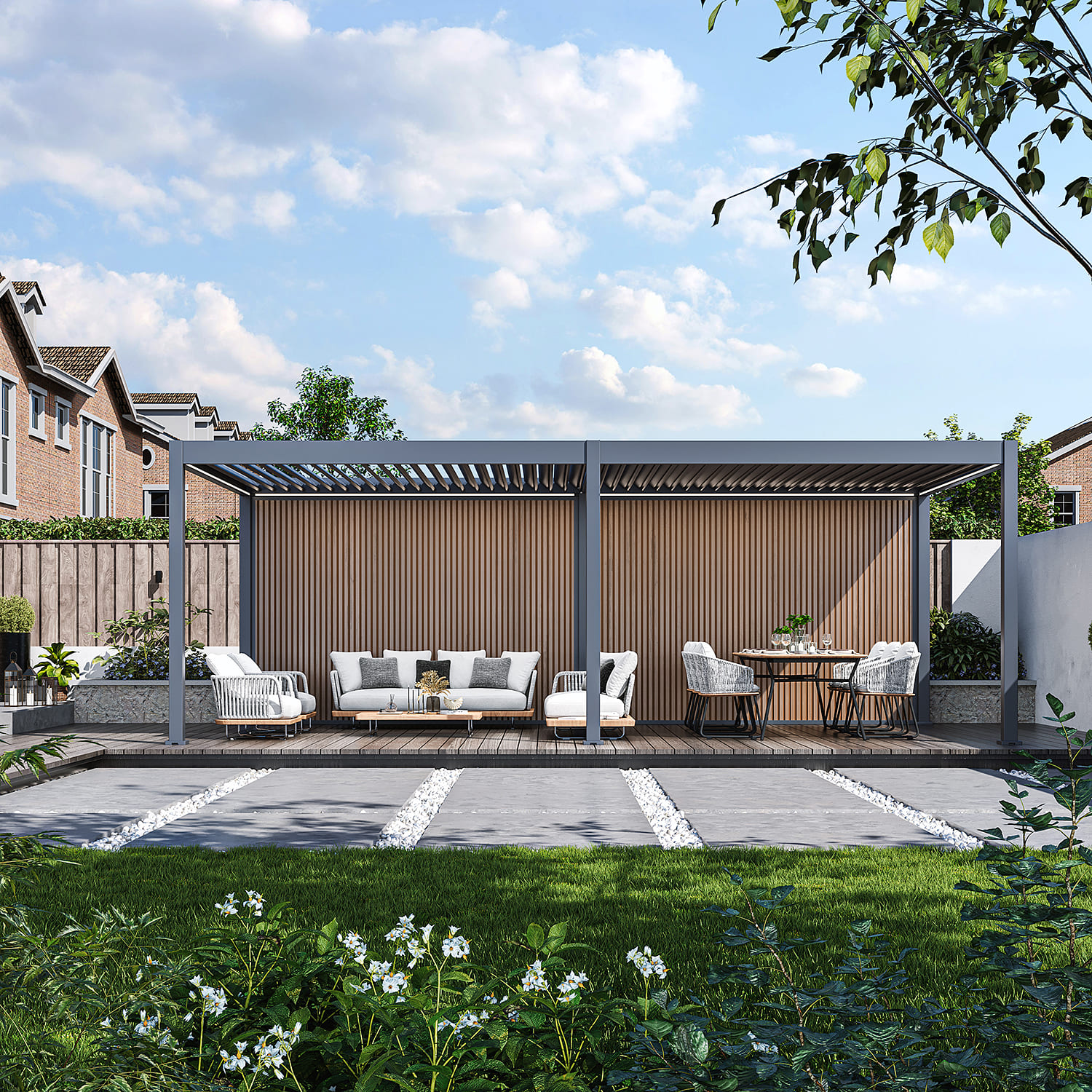 Orion composietwand - 400x236 cm - Voor 4 meter zijkant - Antraciet/Teak