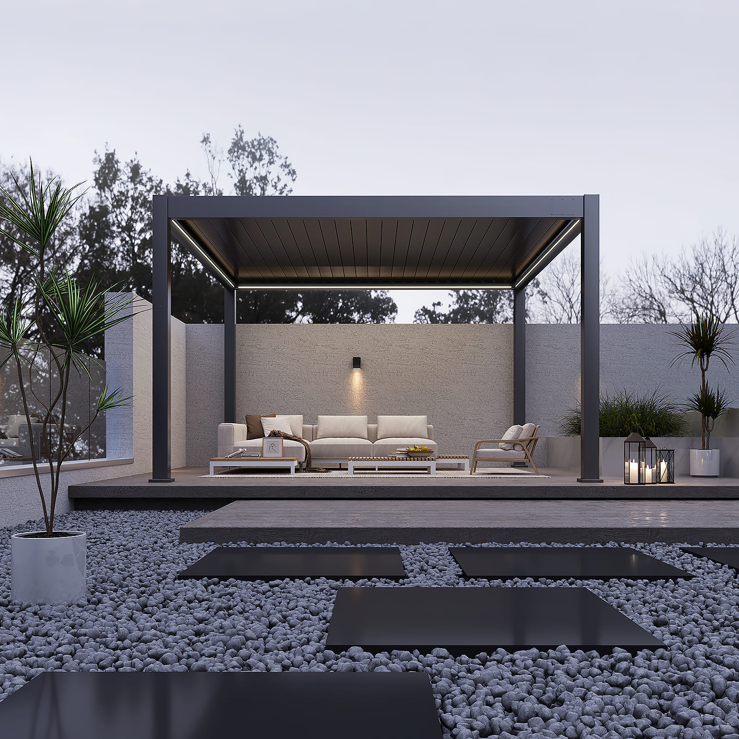 Orion Premium overkapping - E-LED - 400x400 cm - Antraciet - met elektrisch lamellendak en LED