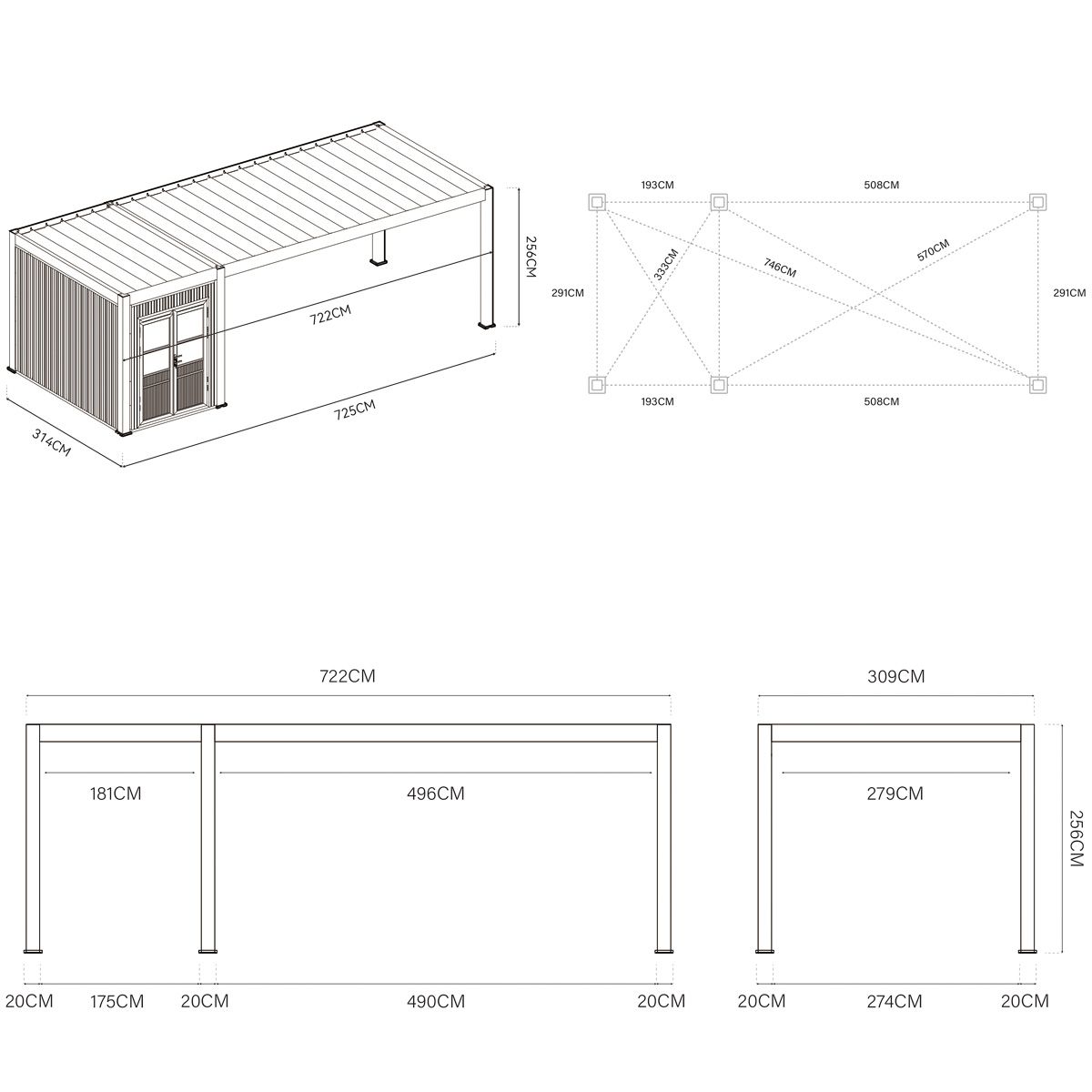 Orion carport - 300x720 cm - Inclusief berging - Antraciet 
