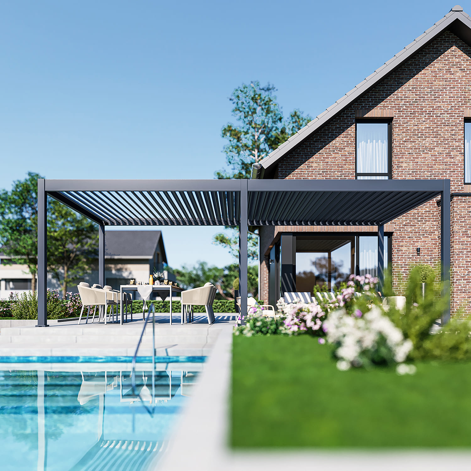 Orion Deluxe overkapping - E-LED - 360x720 cm - Antraciet - met elektrisch lamellendak en LED 