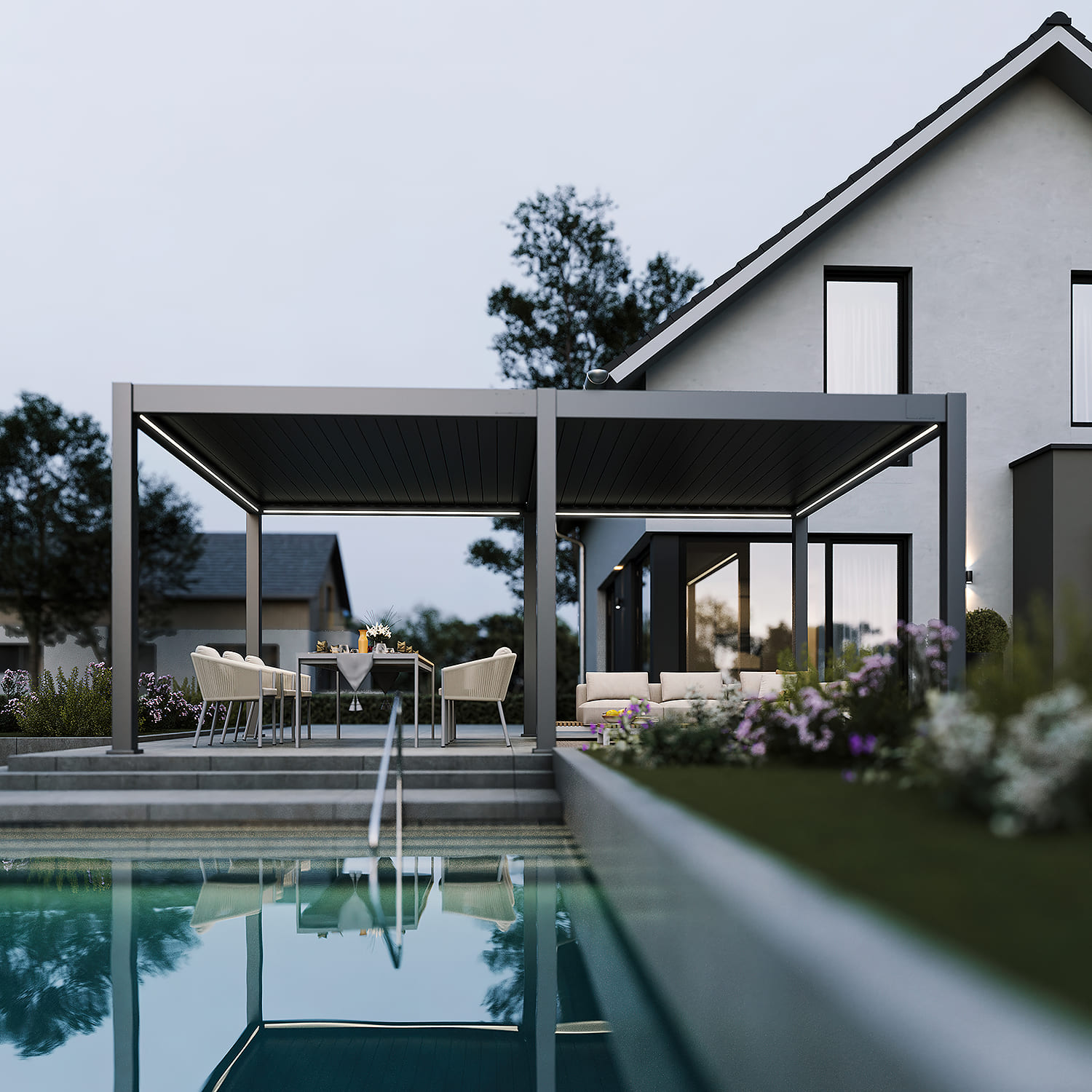 Orion Premium overkapping - E-LED - 400x600 cm - Antraciet - met elektrisch lamellendak en LED 