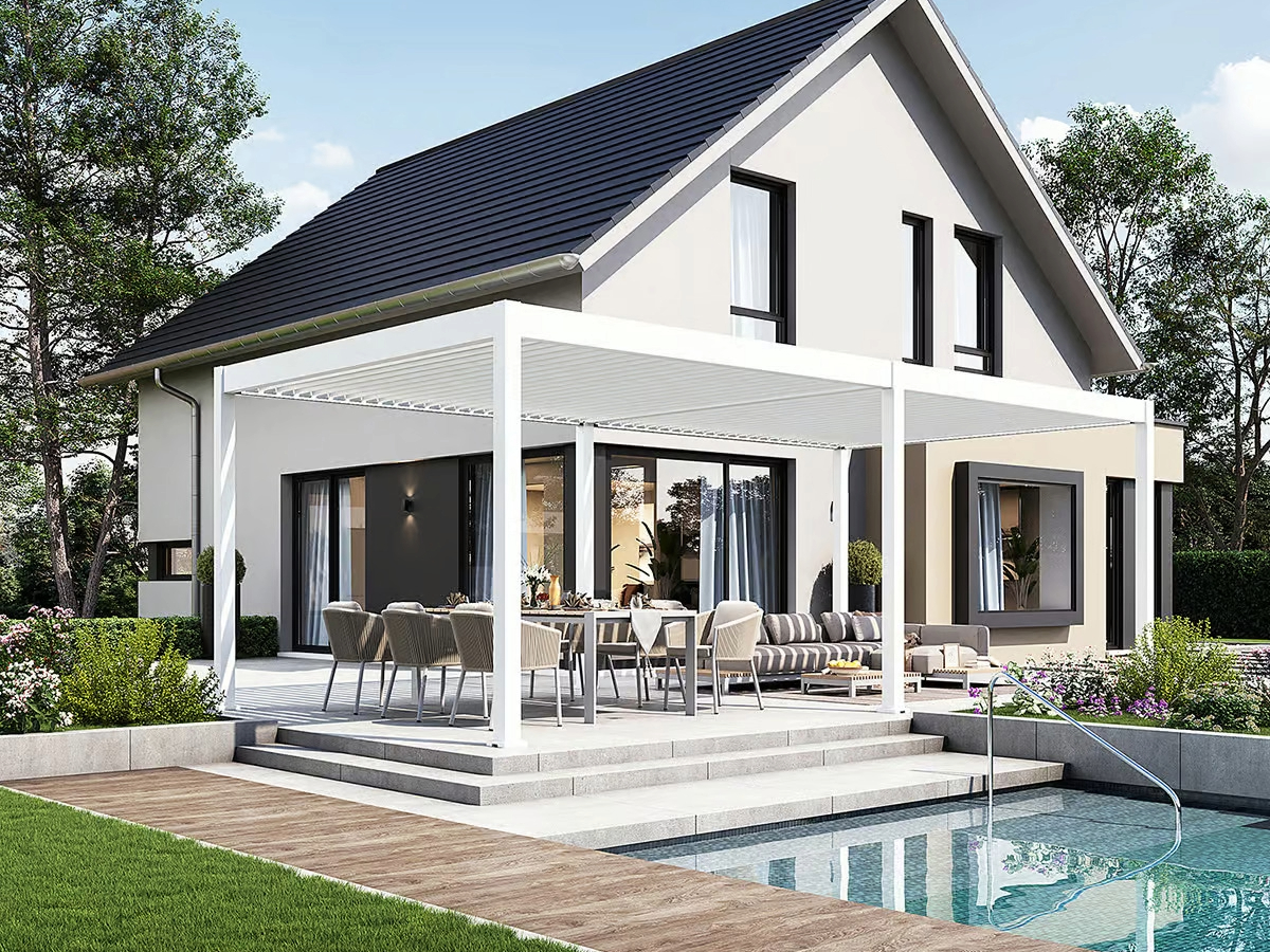 Orion Deluxe overkapping - E-LED - 360x720 cm - Wit - met elektrisch lamellendak en LED 